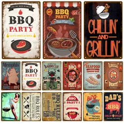 Metal Sign Plaque BBQ Party Time Grill Plate Retro Painting Iron Tin Sign Wall Art Picture For Garden Home Living Room Decor Pub