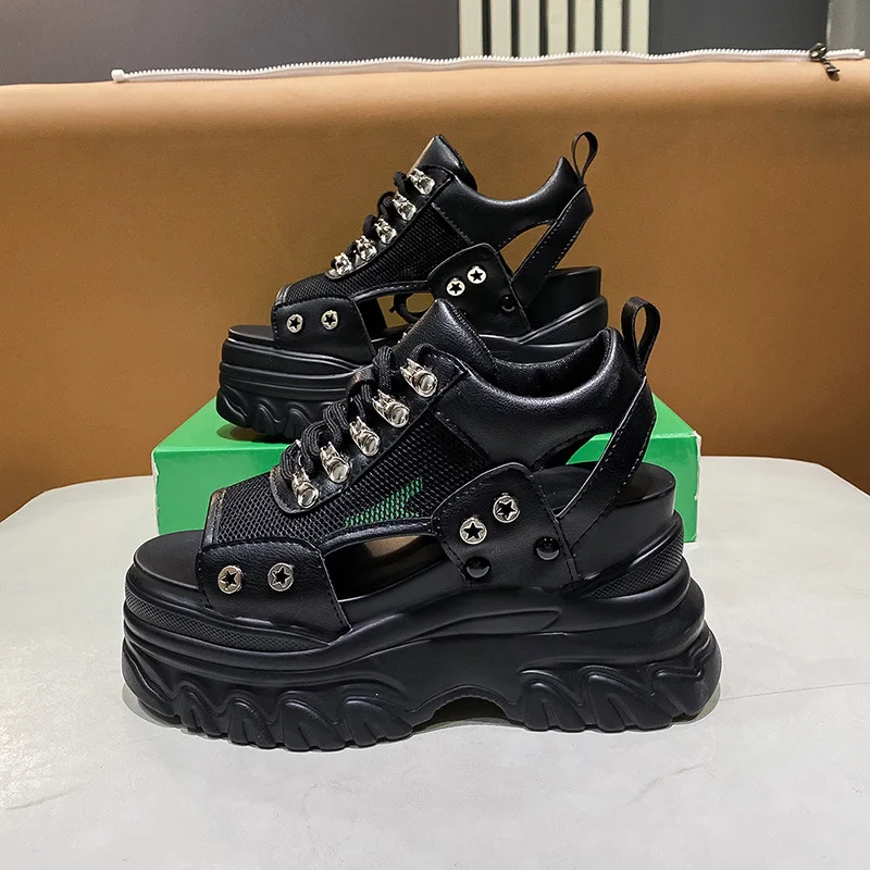 Zapatillas deportivas transpirables de malla con plataforma plana para mujer, sandalias de gladiador con cordones y cuña hueca para verano, zapatos de suela gruesa para mujer