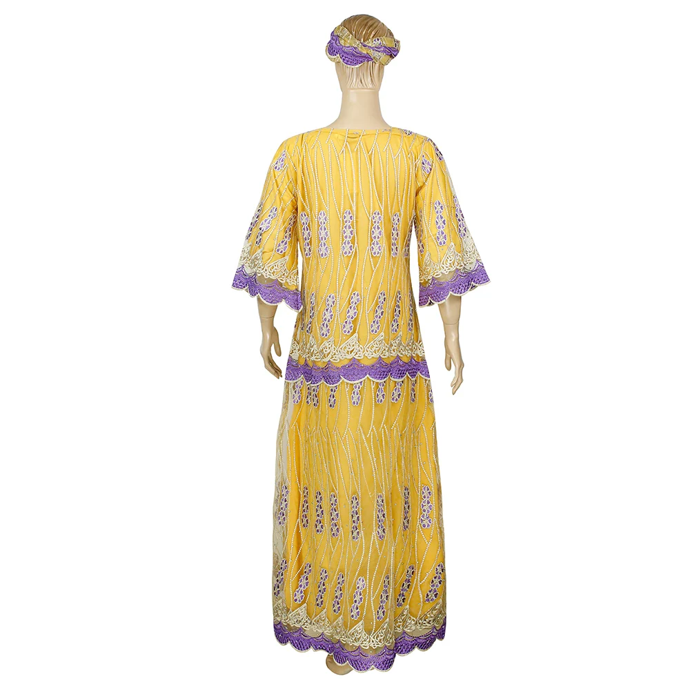 H&D African Dresses for Women Traditional Bazin Riche Embroidery Long Dress Plus Size Dashiki Ankara Robe Clothes Headtie