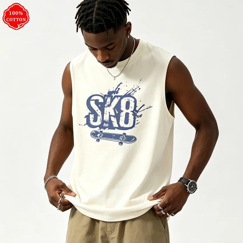 100% cotton men's summer sleeveless top vintage skate print casual loose tank top men streetwear breathable workout -H29