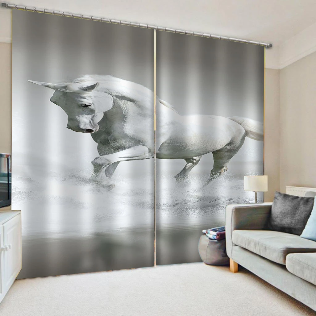 High quality custom 3d curtain fabric white horse curtains 3D Window Curtain For Living Room office Bedroom