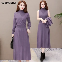 Elegant Half Turtleneck Sweater Dress 2 Piece Set Sleeveless Winter Vest + Midi Knitted Dresses Suit Large Size Women Outfits