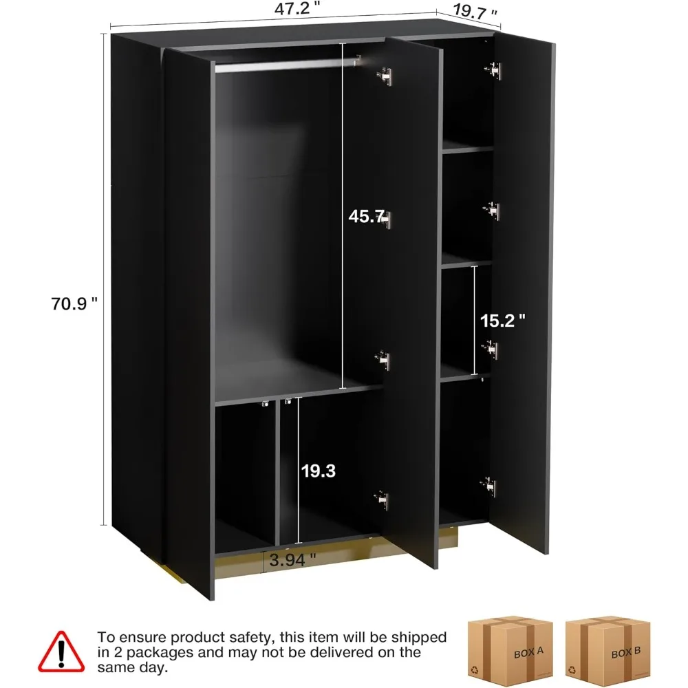 Bedroom Armoire Wardrobe Closet with Light and High Gloss Doors,3 Pop Out Doors,Wooden Wardrobe Closet Shelves,a Hanging Rods