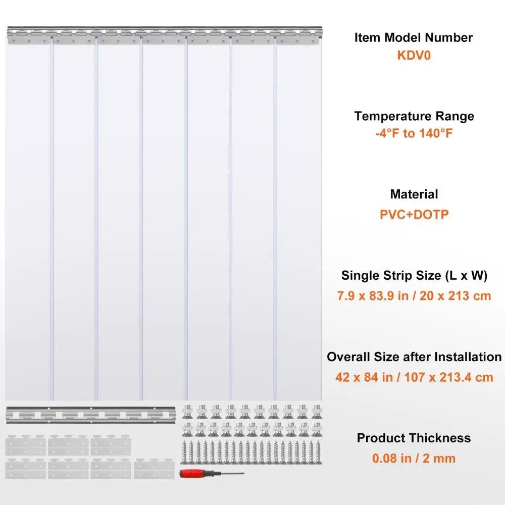 ستارة شريطية، ارتفاع 84 بوصة × عرض 42 بوصة، سمك 0.08 بوصة، 7 قطع ستارة باب شريطية شفافة من مادة PVC، ستارة فريزر، شرائط باب بلاستيكية