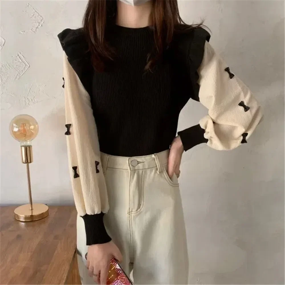 Vintage Patchwork Ruffles Knitted Sweater Women Brown Sweet Bow O-Neck Pullover Korean Black Students Preppy Lantern Sleeve Top