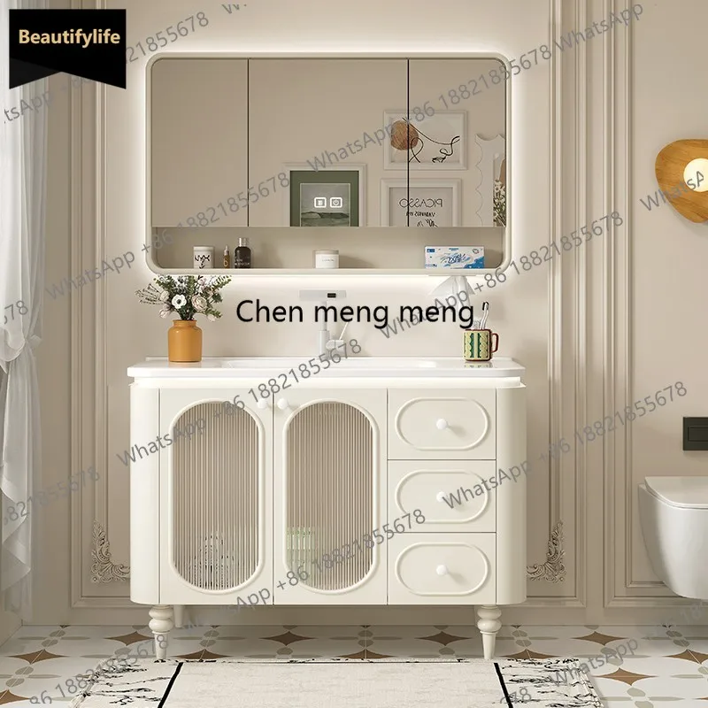 

C85 Modern Minimalist White Bathroom Cabinets Ceramic Integrated Basin Solid Wood Floor Vanity Cabinet with Sink Bathroom Furnit