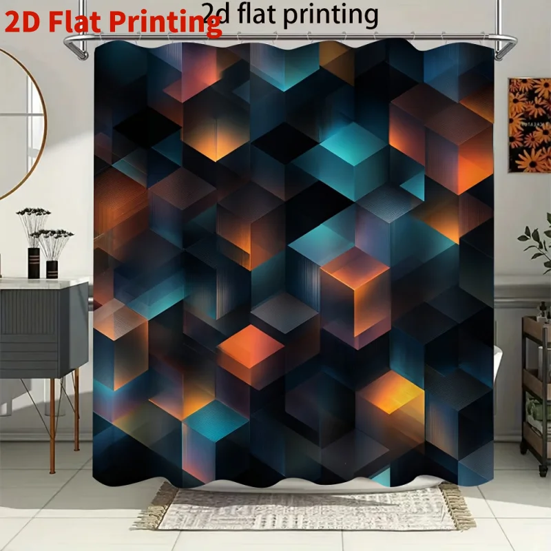 3D Geometric Cube Shower Curtain, Abstract Colorful Blocks Print Waterproof Bathroom Decor, Modern Tech Home Bath Screen
