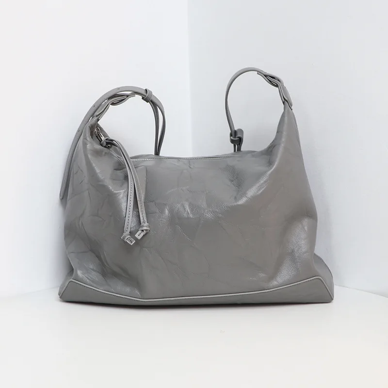 

New cross-border large capacity niche women's bag lazy style pleated tote bag women's top layer cowhide crossbody shoulder bag