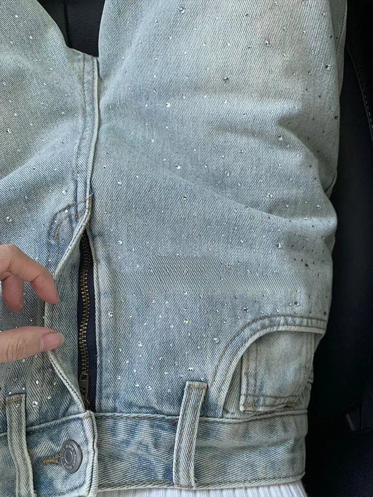 التخسيس الضوء الأزرق مستقيم الساق الجينز المرأة عالية الخصر الماس مزين عارضة تناسب السراويل فضفاضة الطابق طول