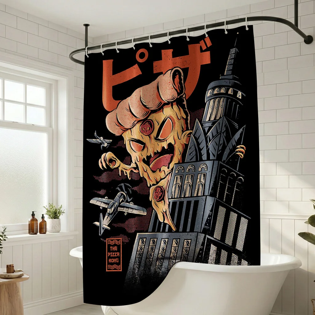 

Забавная занавеска для душа с изображением монстра-пиццы в стиле кайдзю - креативный ретро-постер в стиле комиксов и кино - декор для ванной комнаты в доме, занавеска для душа