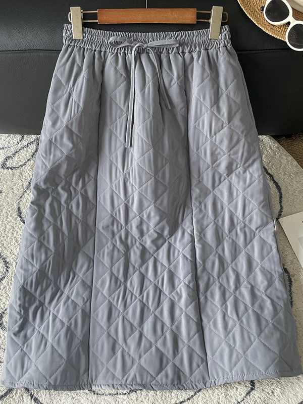 Authentic Women's Midi A-Line Skirt Loose Fit Diamond Patterned Commute Warm Cotton High Waist City Scenery Elastic Waist