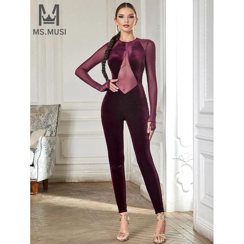 

MSMUSI 2024 New Fashion Women Sexy Velvet O Neck Lace Mesh Hollow Out Long Sleeve Bodycon Party Club Pencil Pant Lady Jumpsuit