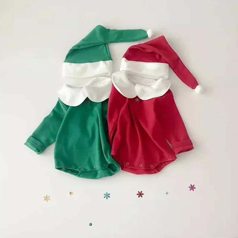 Christmas Autumn Korean Baby Romper Christmas Clothes  Children's Holiday Bodysuit Set Pure Cotton Carnival Costumes with Hats