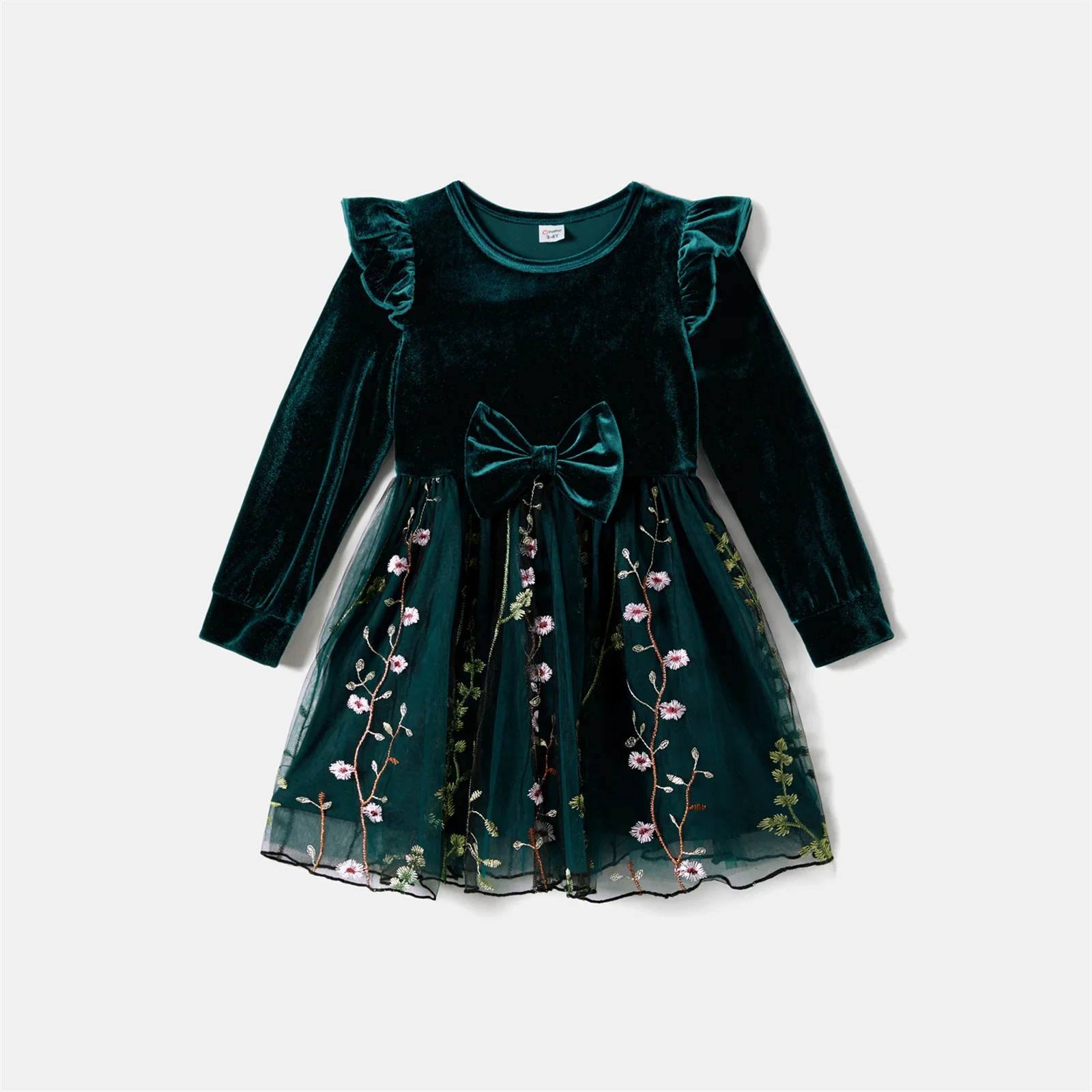 PatPat Mommy and Me Velet Splice Floral Embroidered Long-Sleeved Mesh Dresses Soft and Comfortable  Perfect for Outings