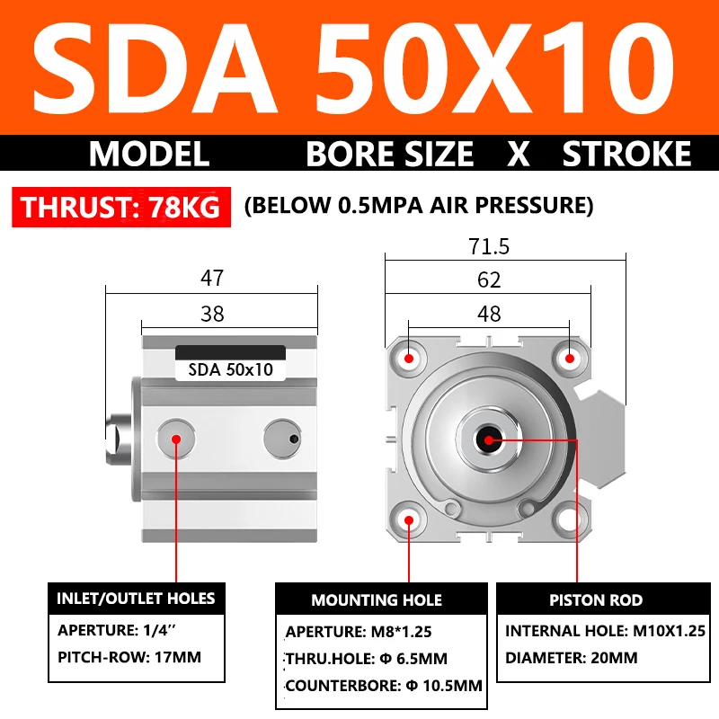 

ABILKEEN SDA50X10 Серия SDA Тонкий воздушный цилиндр 50 мм с внутренней резьбой Диаметр х 10 мм Ход Пневматический компактный цилиндр двойного действия