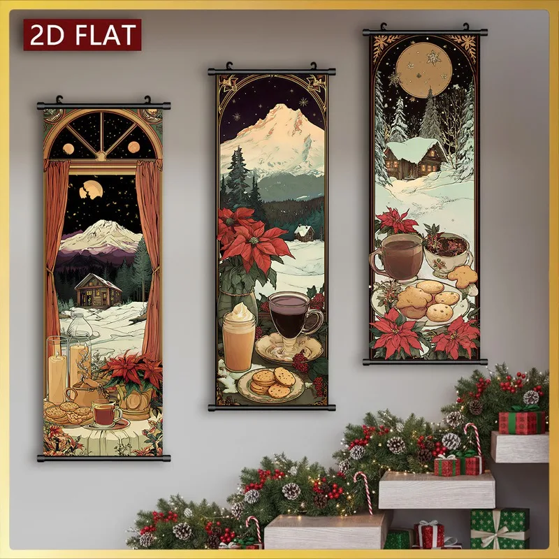 VIKAMA 3PCS Christmas Hanging Banner Set, Vintage Window Bell Winter Scene Wall Tapestry for Xmas Window Decor