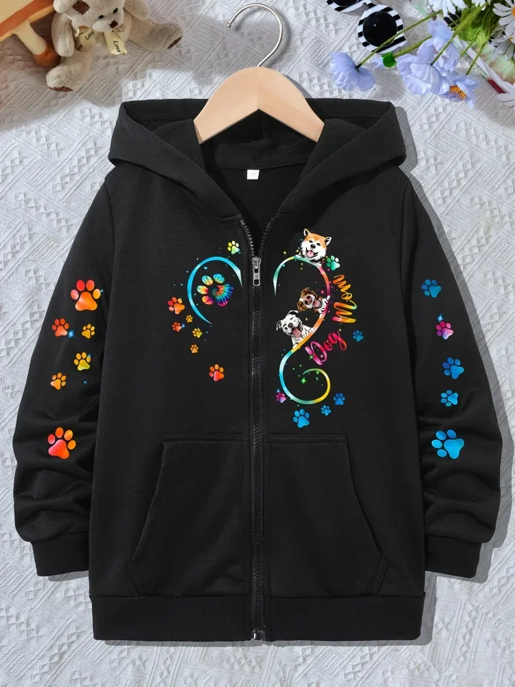 Kids Zip Up Hoodie Rainbow Paw Print Dog Mom Graphic Long Sleeve Loose Hooded Jacket For Pet Lover Boys Girls Daily Outerwear
