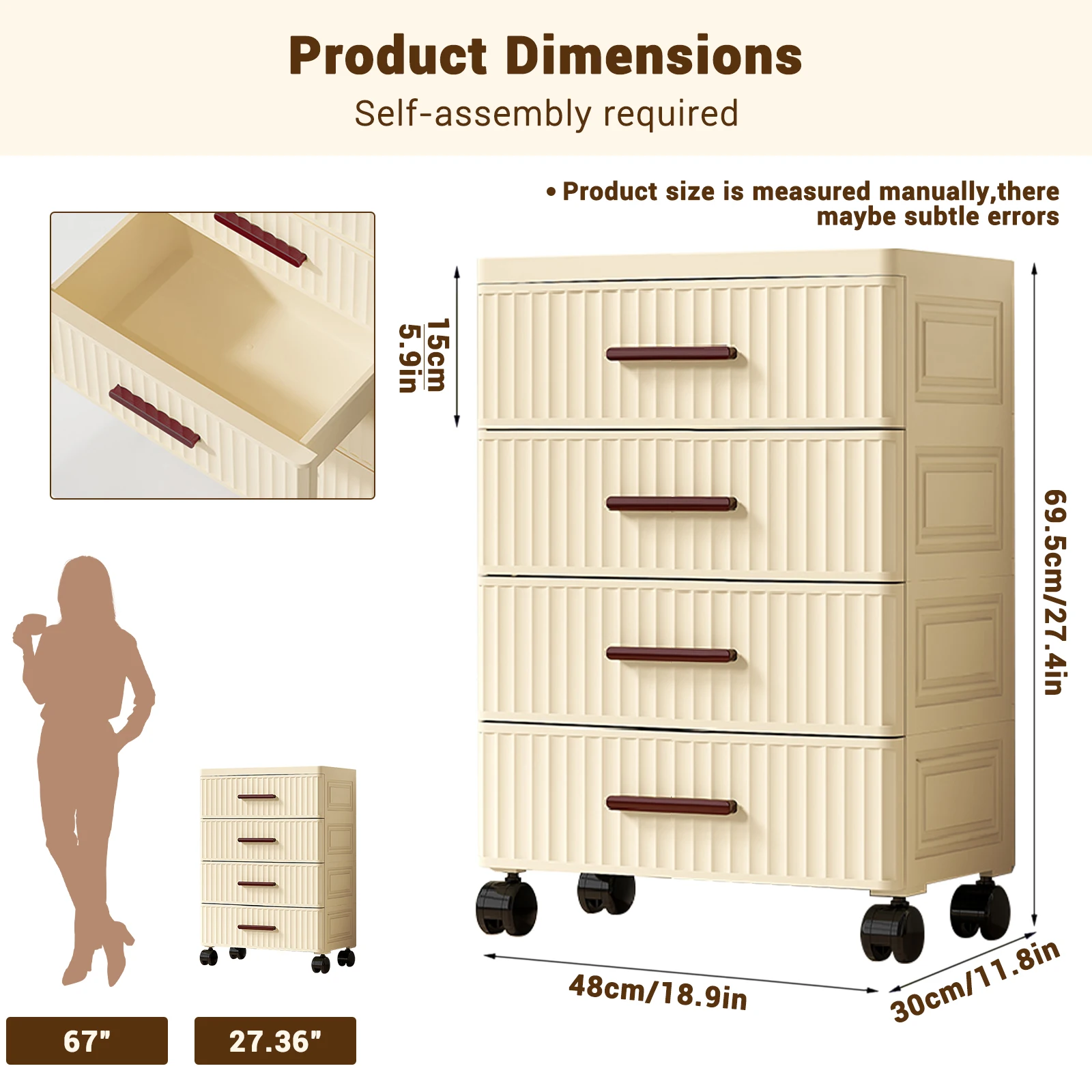 منظم تخزين بأدراج بلاستيكية مكون من 4 طبقات، خزانة ذات أدراج، وحدة تخزين عمودية لخزانة الملابس الطويلة لحامل غرفة النوم الليلي