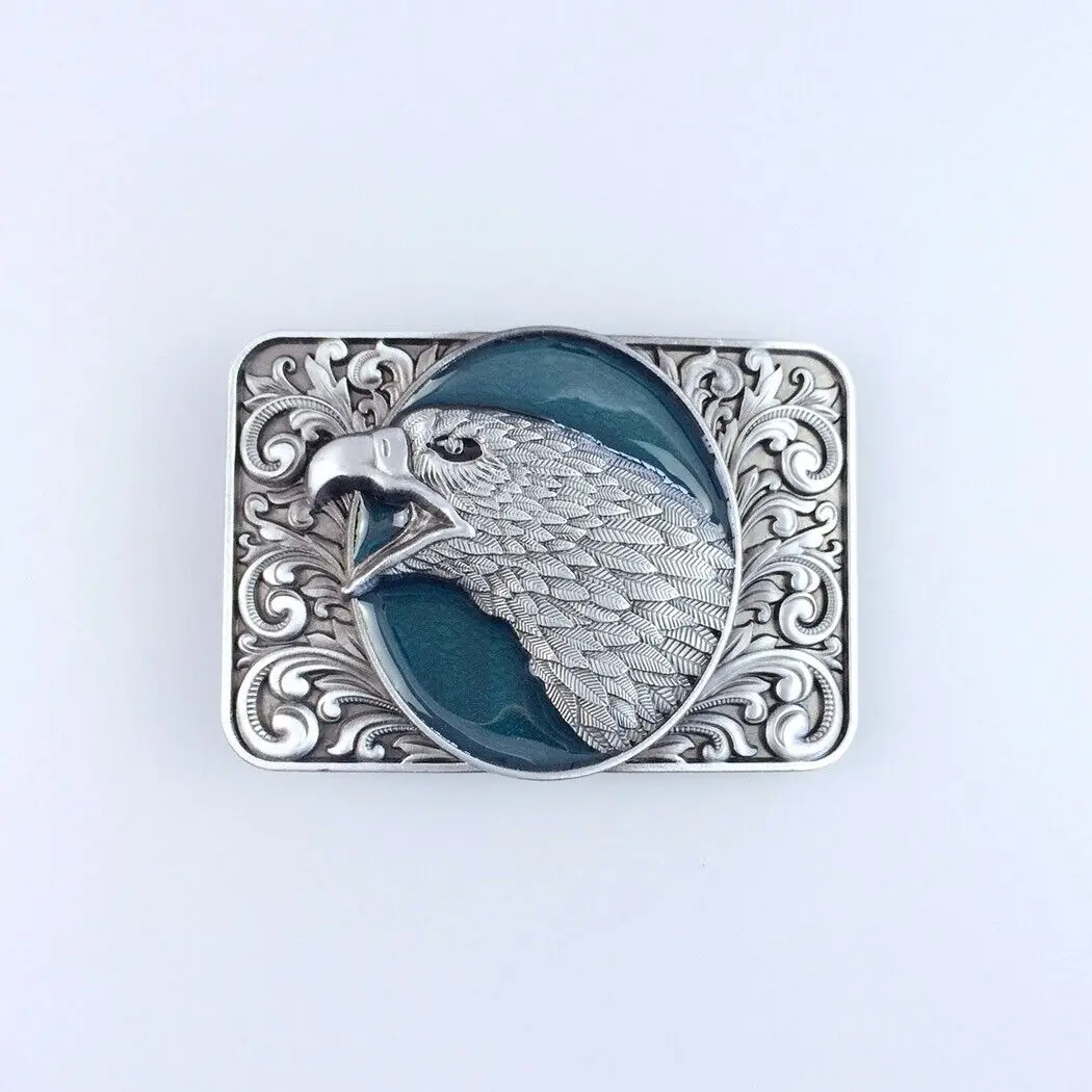 

Lake Blue Enamel Bald Eagle Head Ornate Western Belt Buckle Boucle de Ceinture