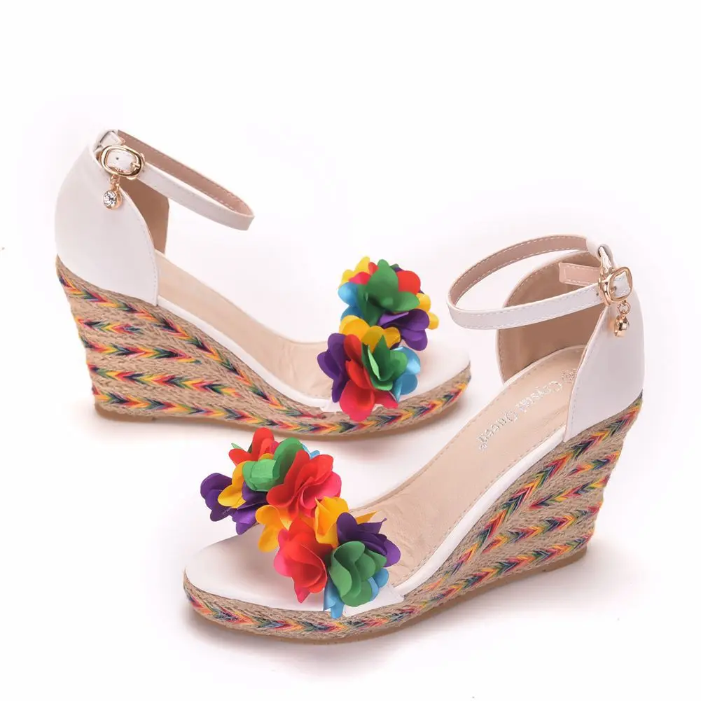 Cunhas de flores multicoloridas para mulheres, Sapatos Plataforma PU, 9cm, Salto de cobertura, Sandálias Novas Bombas, Cunhas para Casamento