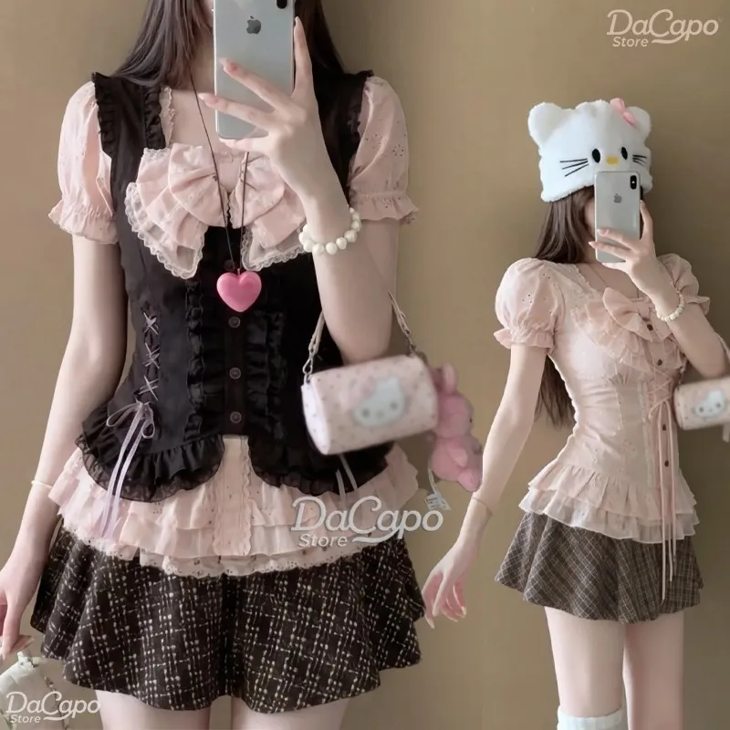 NANA Rococo Style Komatsu Nana Cosplay Costume Pink Date Outfits Vintage Sweet Retro 4pc Set Waistcoat Mini Skirt Shirt Camisole view 2