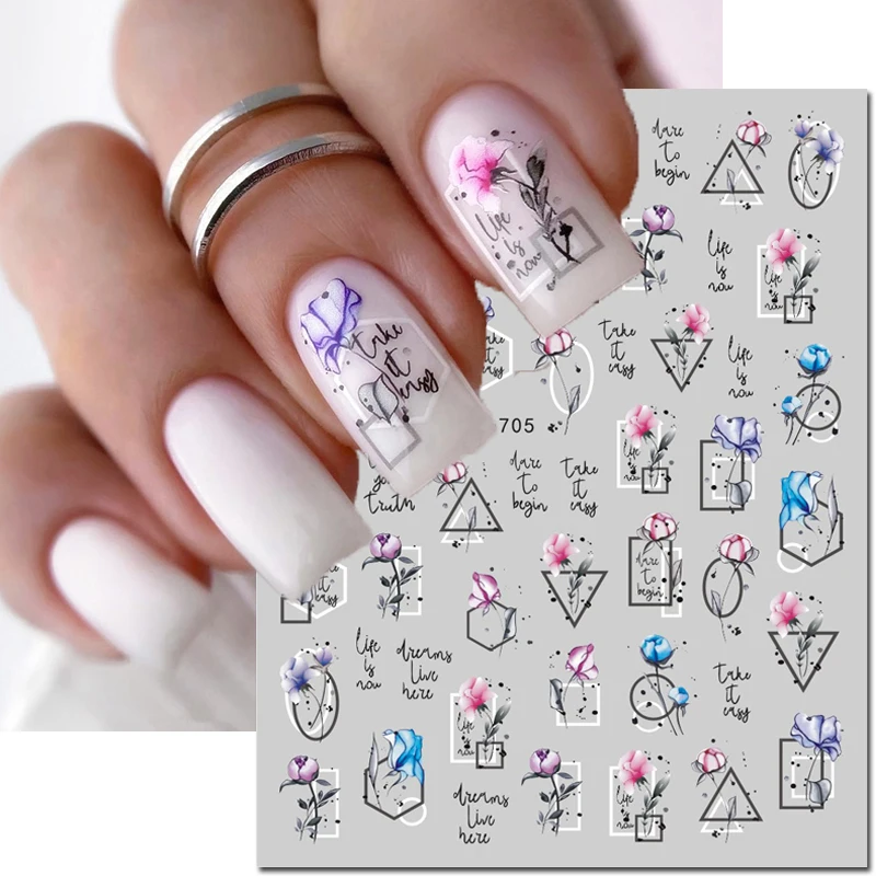 

3d Nail Art Decals Geometric Lines Pink Purple Blue Flowers Letters Adhesive Sliders Nail Stickers Decoration For Nail Manicure