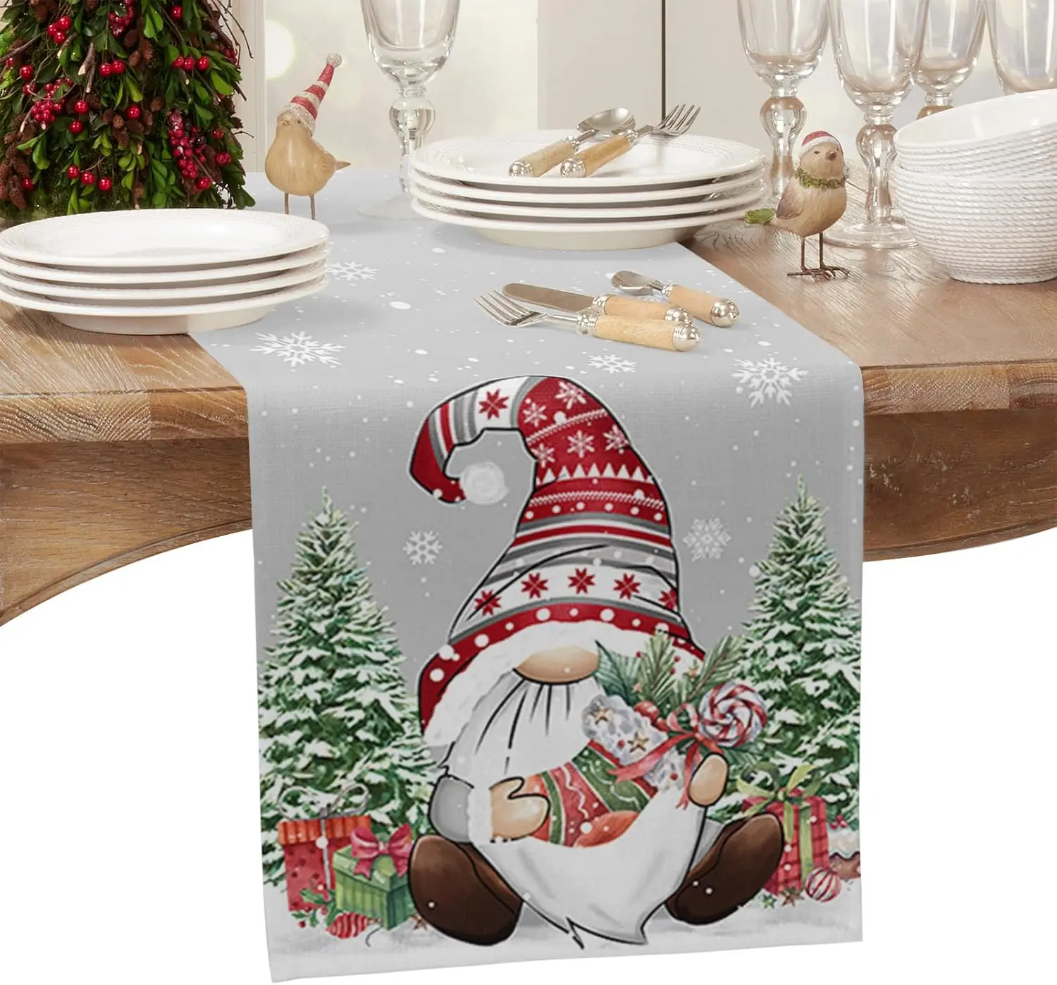 Christmas Gnomes Pine Tree Linen Table Runner Party Decor Reusable Winter Xmas Kitchen Dining Table Runners Christmas Decoration