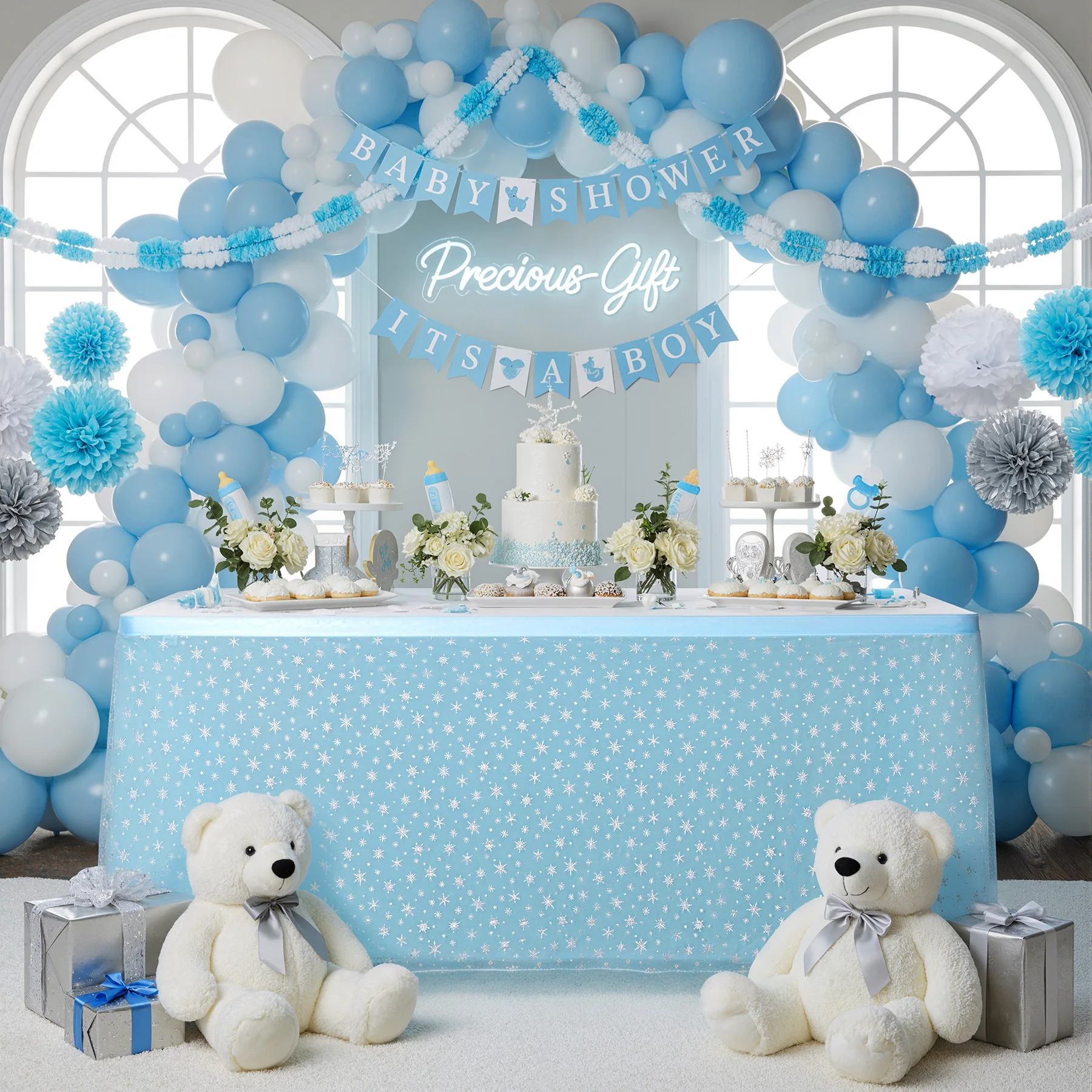 Winter Wonderland Table Skirt for Rectangle Tables - Light Blue Tulle Snowflake Decor for Wedding & Party