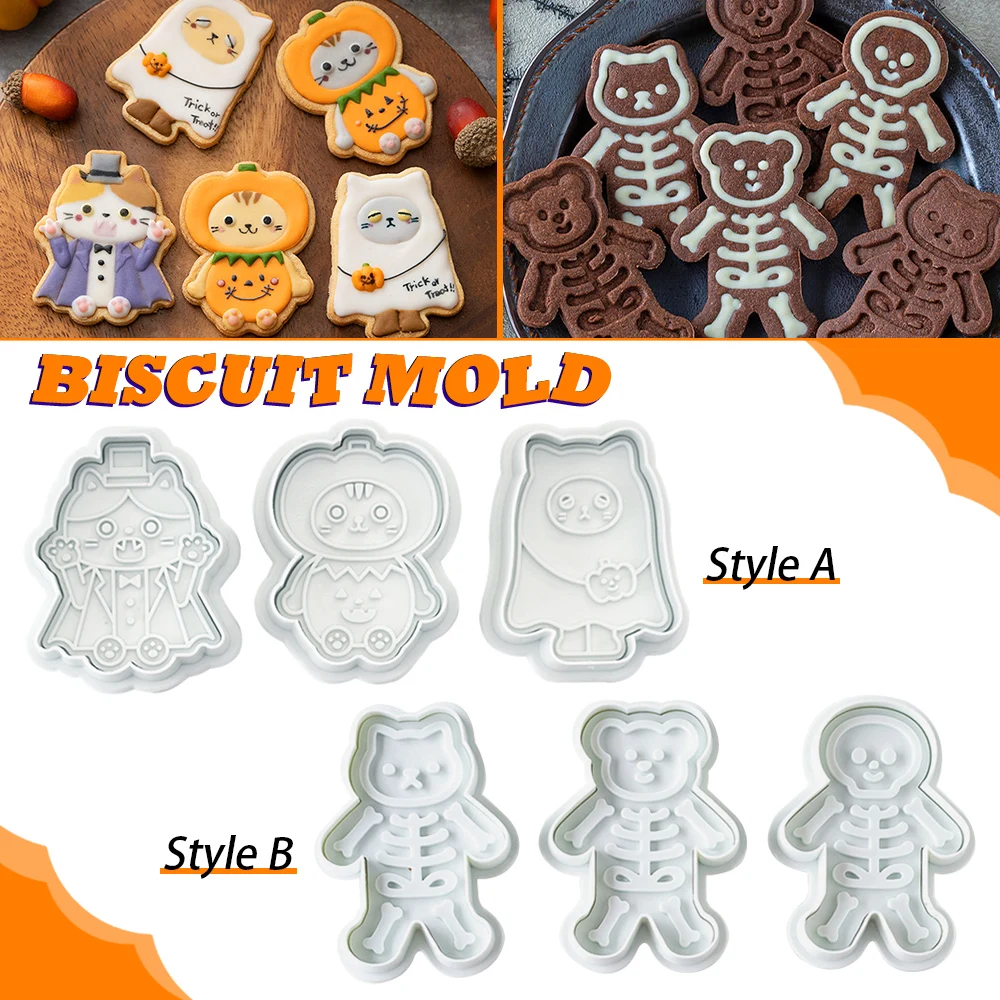 3Pcs DIY Halloween Cookie Cutters Set Skeleton Cookie Mold 3D Biscuit Mold Embossed Stamps Halloween Party Cake Decorating Tool