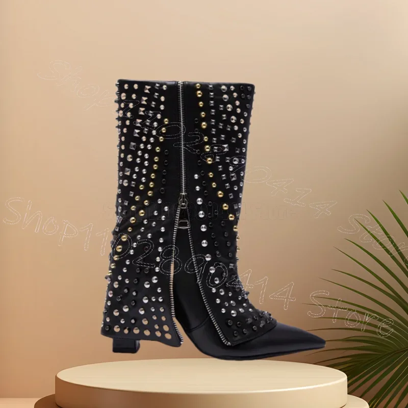 

Metal Rivets Zipper Design Turned Over Boots Side Zipper Women Shoes Chunky High Heels New Party Dating 2025 Zapatos Para Mujere