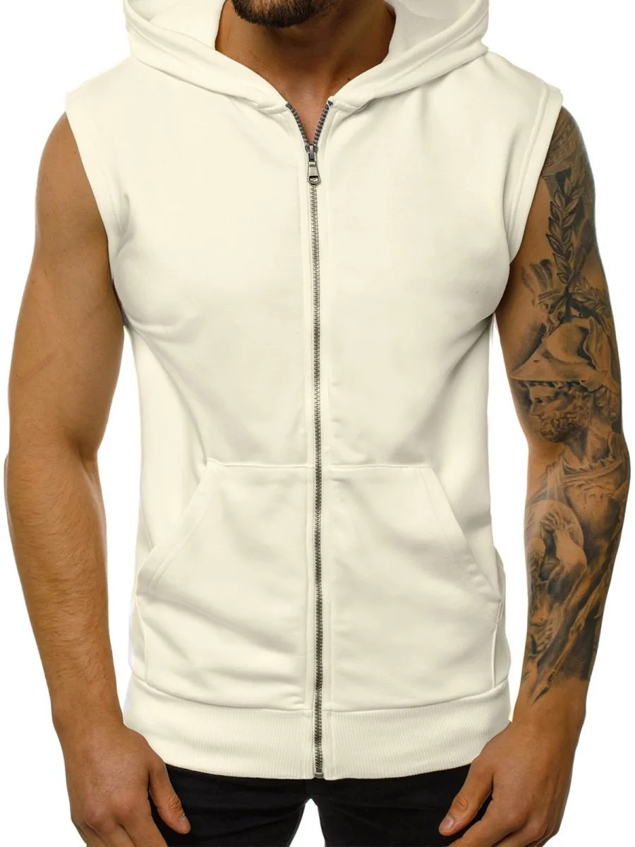 Wearing men\'s summer slim fashion fitness sports sleeveless vest, hooded cardigan jacket, trendy men