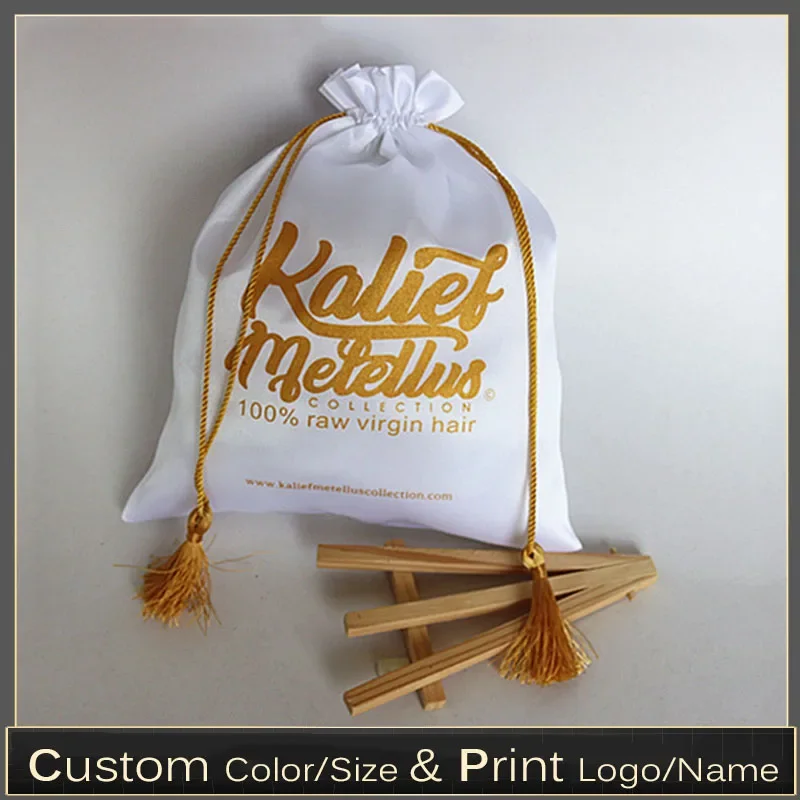 

Satin Bag for Packaging Hair Jewelry/Makeup/Gift/Wedding/Party/Storage/Wigs/Bundle/Shoe Bags with Tassel Silk Pouches Print Logo