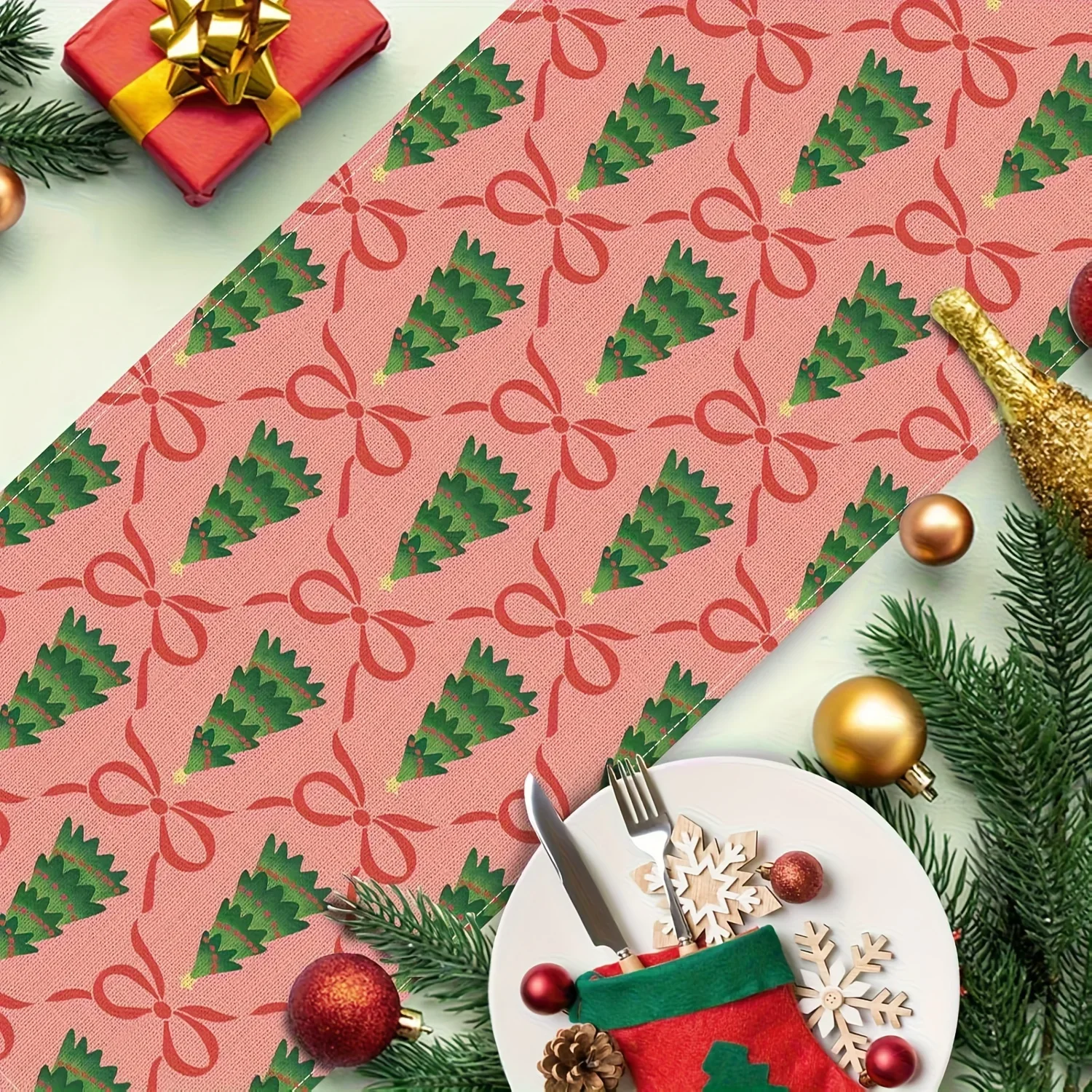 1pc Pink Christmas Table Runner with Green Pine Trees Red Bows Holiday Decor for Kitchen Dining Table Winter decorations