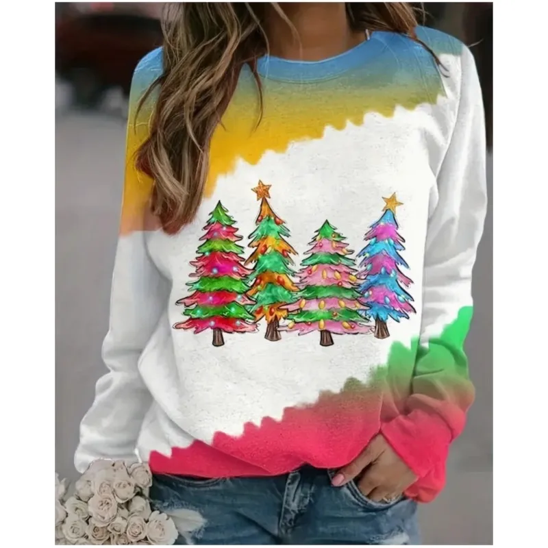 Nieuwe Dames Kerstboom Bedrukte Hoodie Met Lange Mouwen En Ronde Hals Pullover, Casual En Elegante Stijl Hoodie Voor Dames