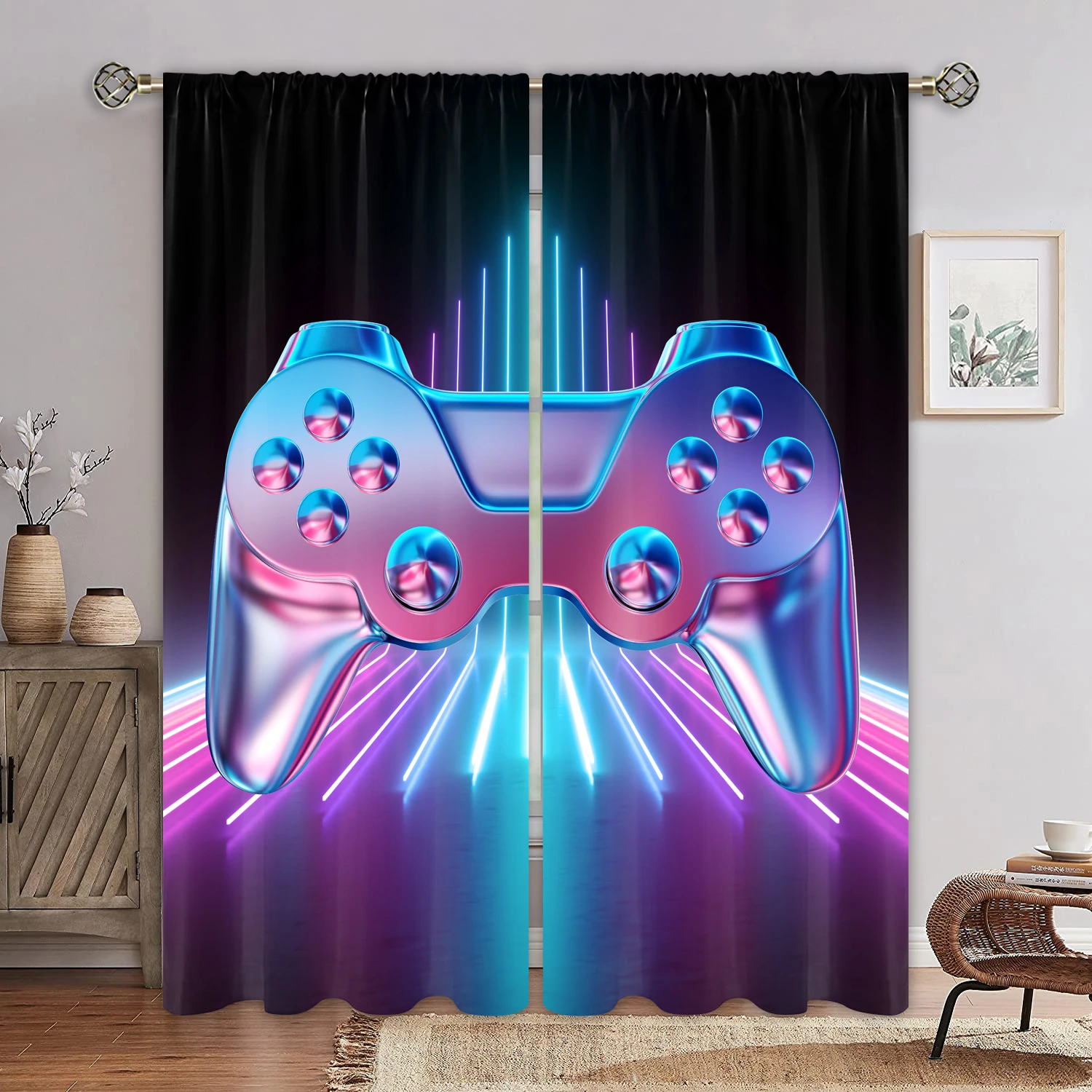 Cool Gaming Controller Curtains Lightning Pattern Drapes Blue Gamer Theme Living Room Bedroom Decor Curtains 2 Panels Set