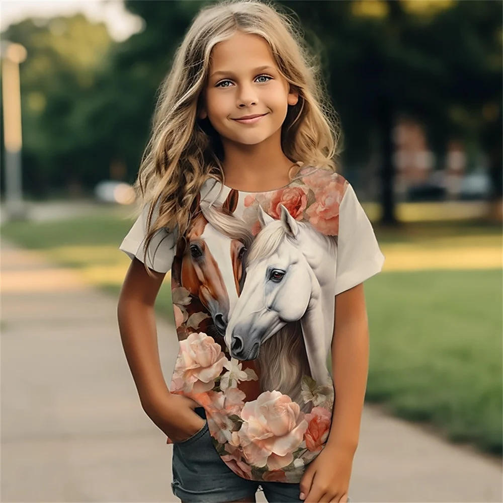 

Female Child Clothes 3D Print Cartoon Animal Horse Girl T Shirts Kawaii Girl Summer Outdoor Comforts Short Sleeves Girl T-Shirt