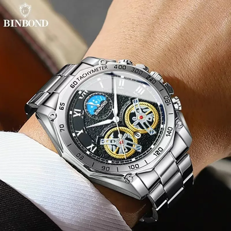 BINBOND Watches For Men 4833 Imitate Flywheel Quartz Watches Fashion Luminous Calendar Waterproof Mens Watch Relogios Masculino