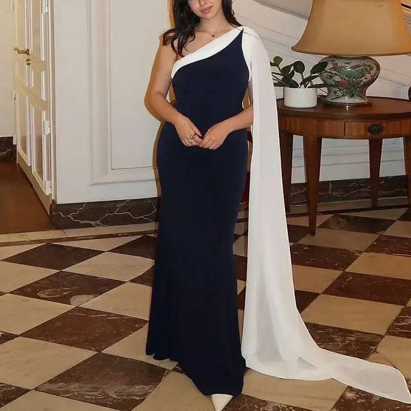 Sexy Contrast Color Backless Maxi Dress Women's Elegant One-Shoulder Ribbon Party Dress New Summer Fashion Sleeveless Boho Dress