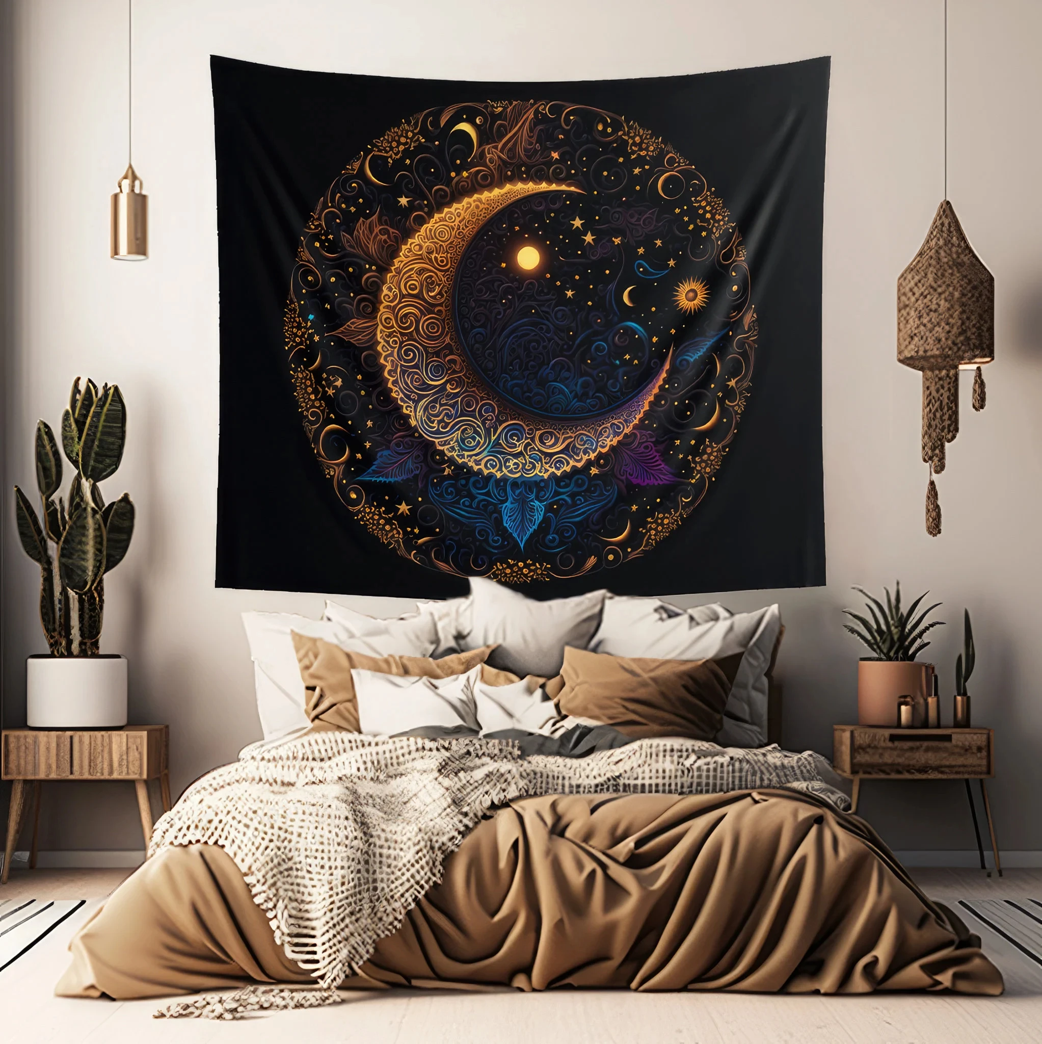 VIKAMA Black Gold Star Moon Mandala Tapestry Mysterious Background Cloth Dark Black Wind Living Room Room Decoration