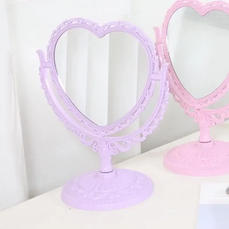 2 Sides Heart-shaped Makeup Mirror Rotatable Stand Table Compact Mirror Dresser 21x26cm 4 Color