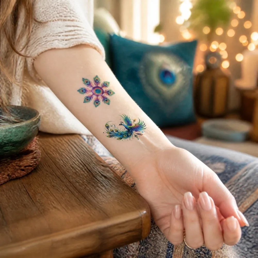 Peacock Pattern Diwali Sticker No Reflection Matte Finish Diwali Tattoo Sticker Green Persistent Diwali Disposable Tattoo