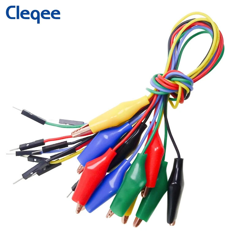 Cleqee P1533 10pcs Dupont Male to Alligator Clip Silicone Jumper Cable 26AWG Wire For Breadboard Oscilloscope Logic Analyzer