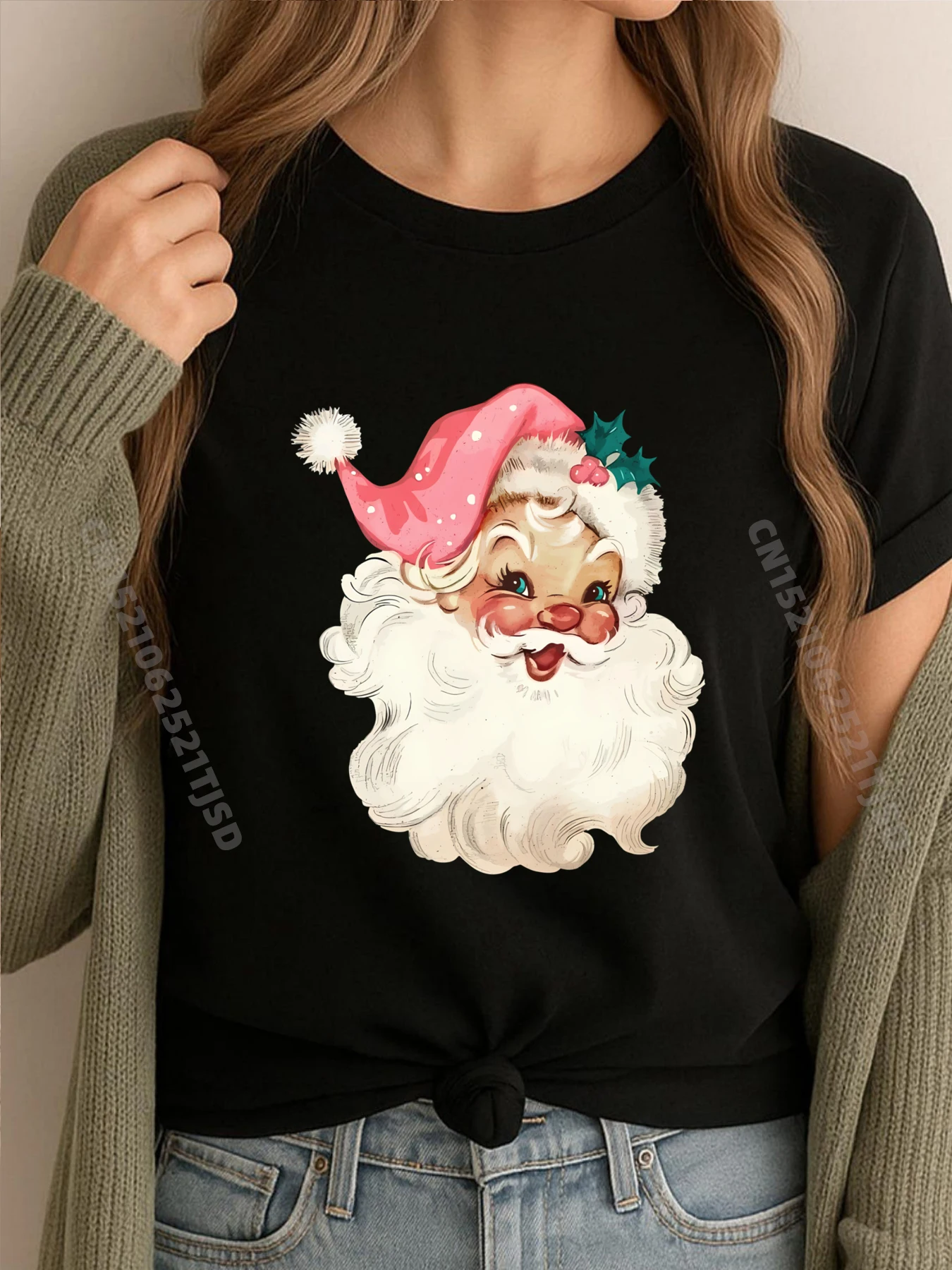 

Santa Claus Pink Christmas Face Old Xmas Pink Santa White T Shirt Woman Cotton Comfort Shirts Tshirt Washed