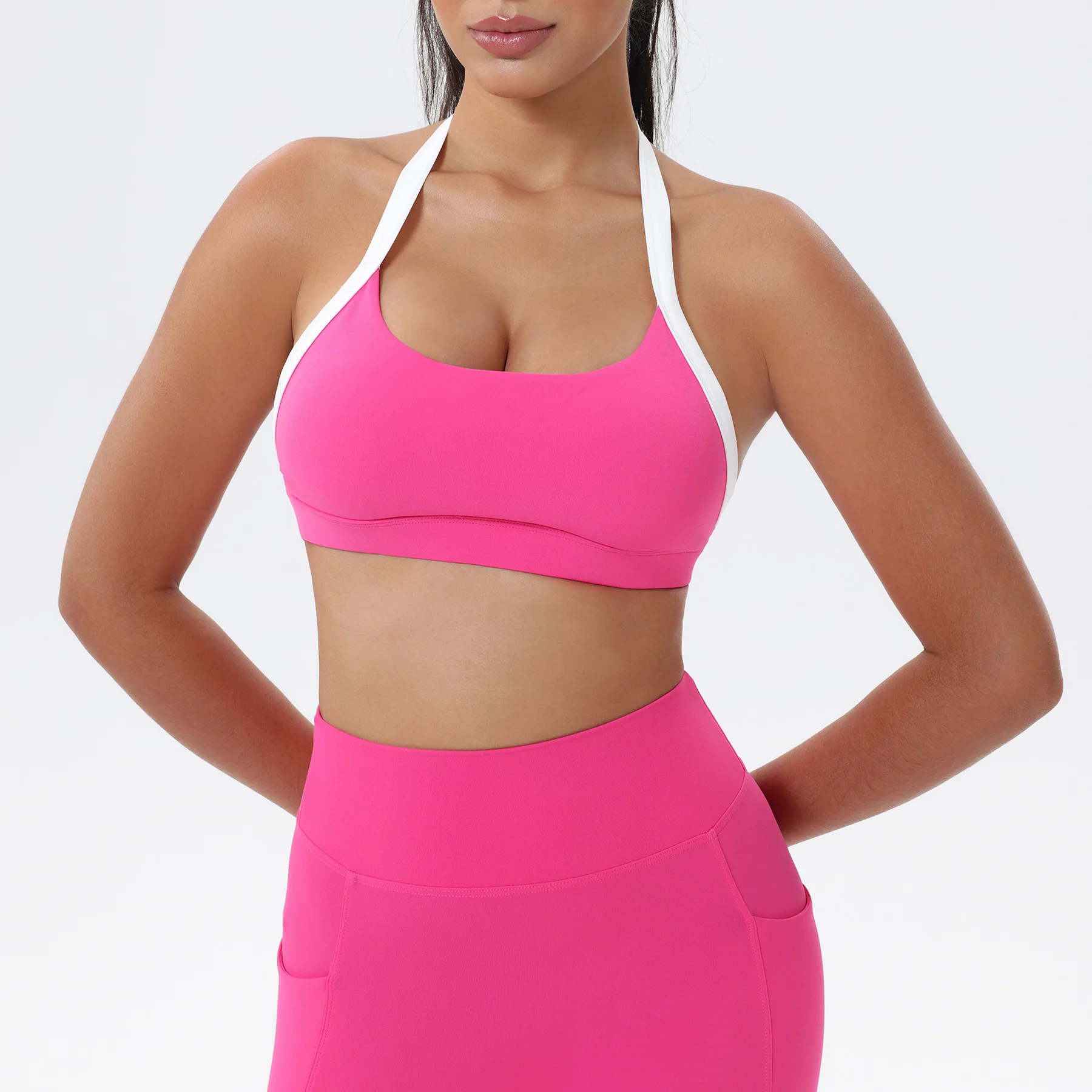 Women's Yoga Top Fitness Vest Running Workout Underwear Gym Tank Push Up Padded Halter Neck Contrast Trim Open Back Sports Bra