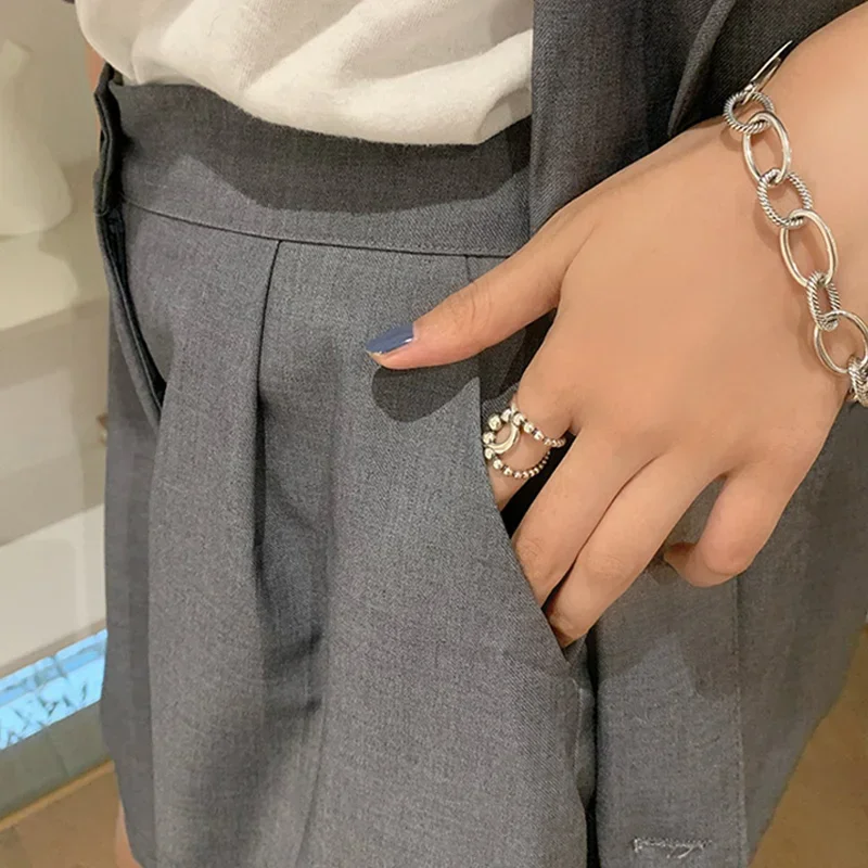 925 ayar gümüş düzensiz yüzük kadın geniş pürüzsüz açık basit Retro tarzı el yapımı yüzükler takı doğum günü hediyesi