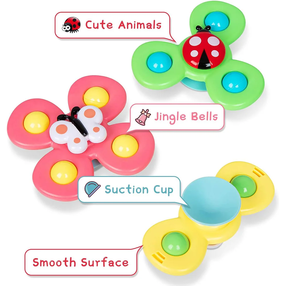 3PCS Suction Cup Rotating Ring Bells Toy for Baby Hand-eye Coordination Educational Training, Bath & Travel Toy, Birth Gift