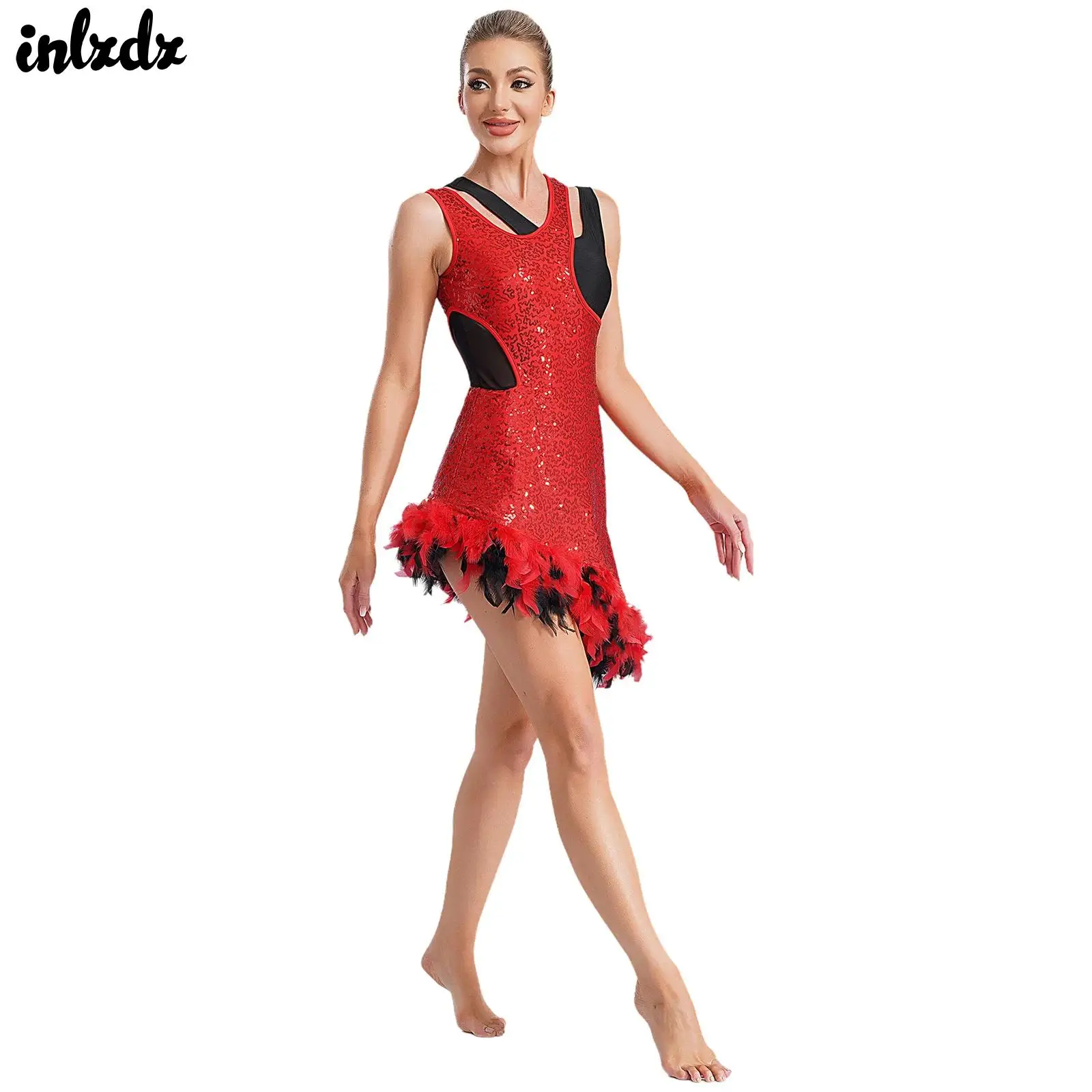 Womens Hip Hop Jazz Dance Sequins Dance Dress Performance Costume Sparkling Modern Dancewear Sleeveless Feather Trim Latin Dress