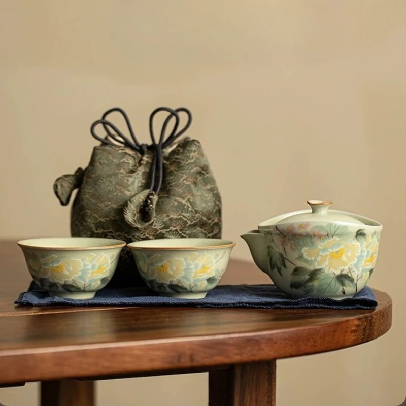 

1 Pot 2 Cups Ru Kiln Hand-painted Flower Tea Set High-end Tea Making Hand-held Pot Anti Scalding Kung Fu Travel Tea Set
