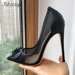 Tikicup Black Matter Flower Decor Women Gauze Pointy Toe High Heel Party Shoes Elegant Ladies Summer Slip On Stiletto Pumps