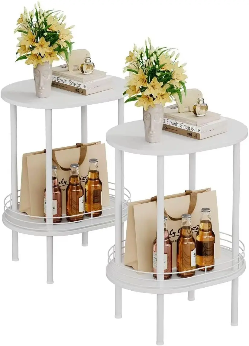 

White Side Table Set of 2,Small Modern Round Side Table with Storage,2-Tier Nightstand,End Table for Small Space,Living Room,